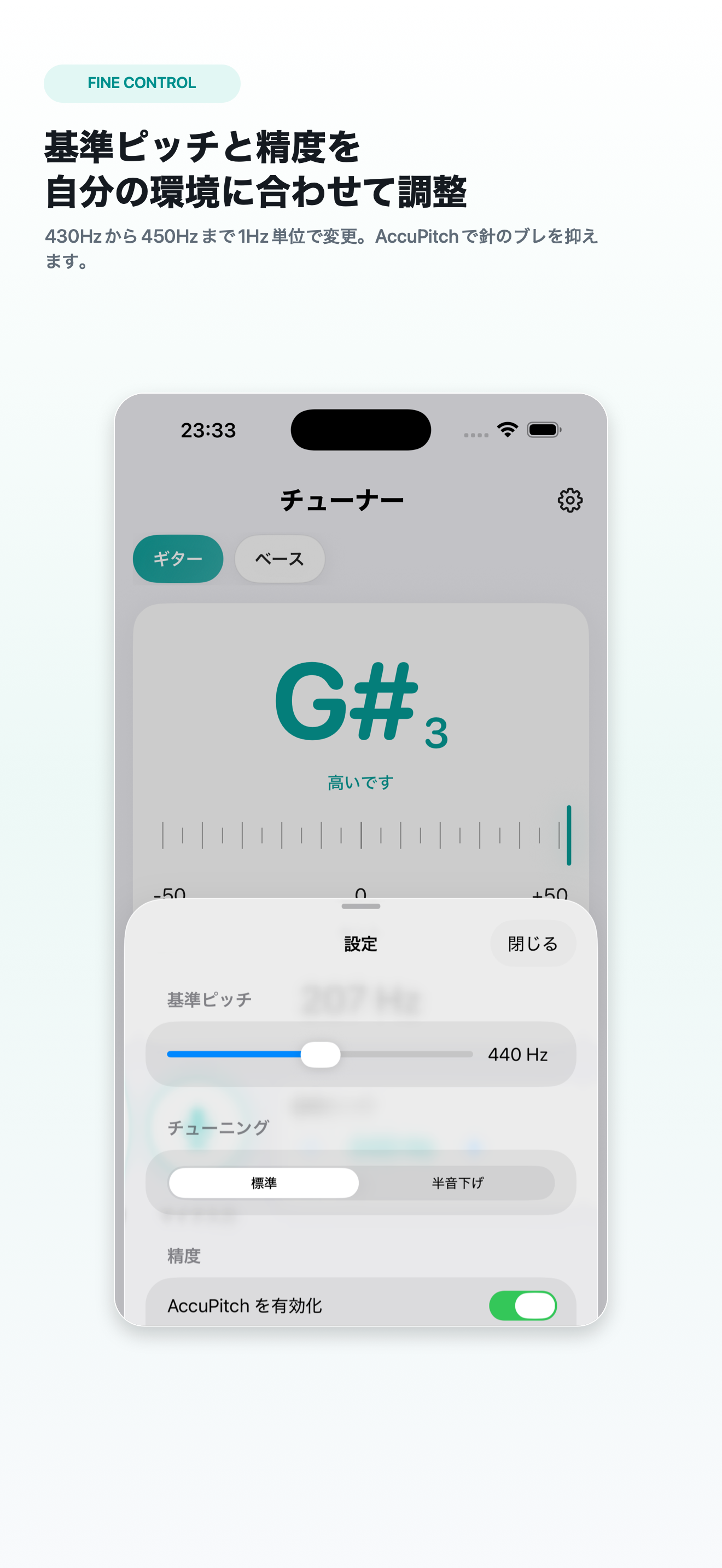 基準ピッチとAccuPitchの設定画面